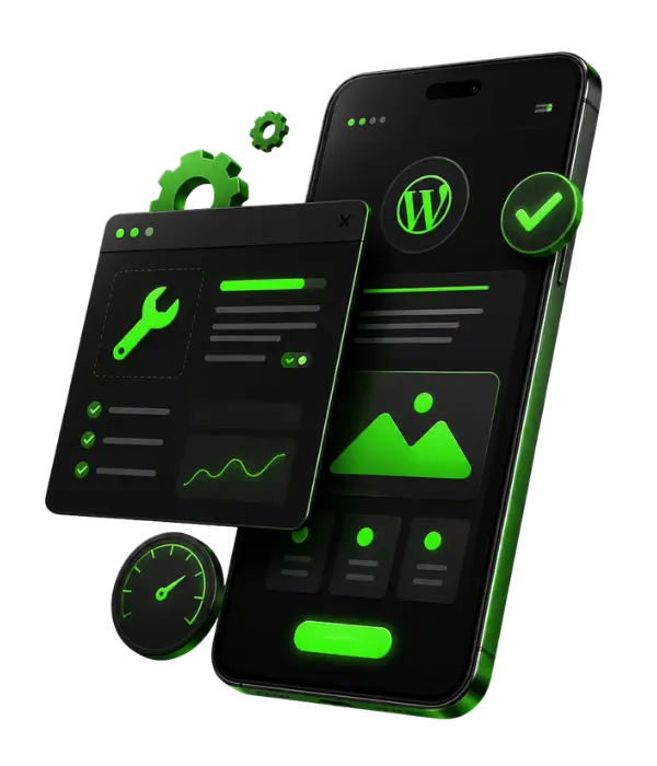Weboldal hibajavítást bemutató 3D illusztráció WordPress ikonnal, javítópanellel és technikai elemekkel