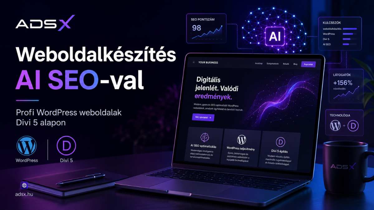 Weboldalkészítés AI SEO-val, WordPress és Divi 5 alapú modern weboldal ADSX arculattal