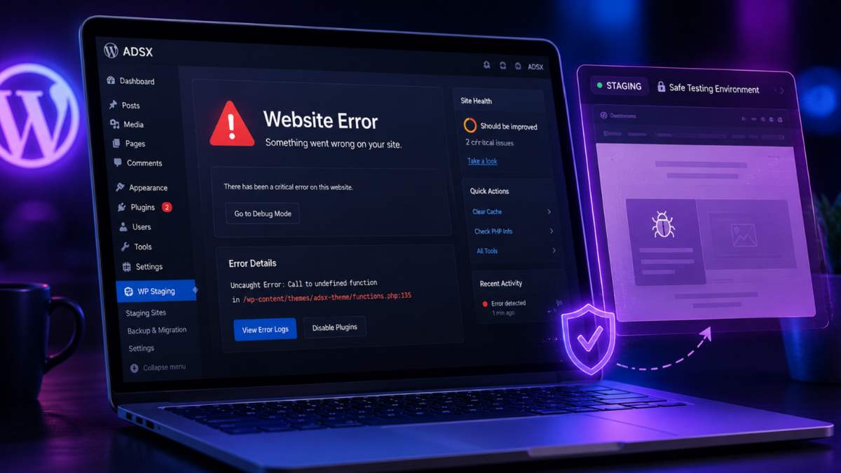 WordPress oldal hibaelhárítás és tesztelés staging környezetben ADSX stílusú technológiai képen